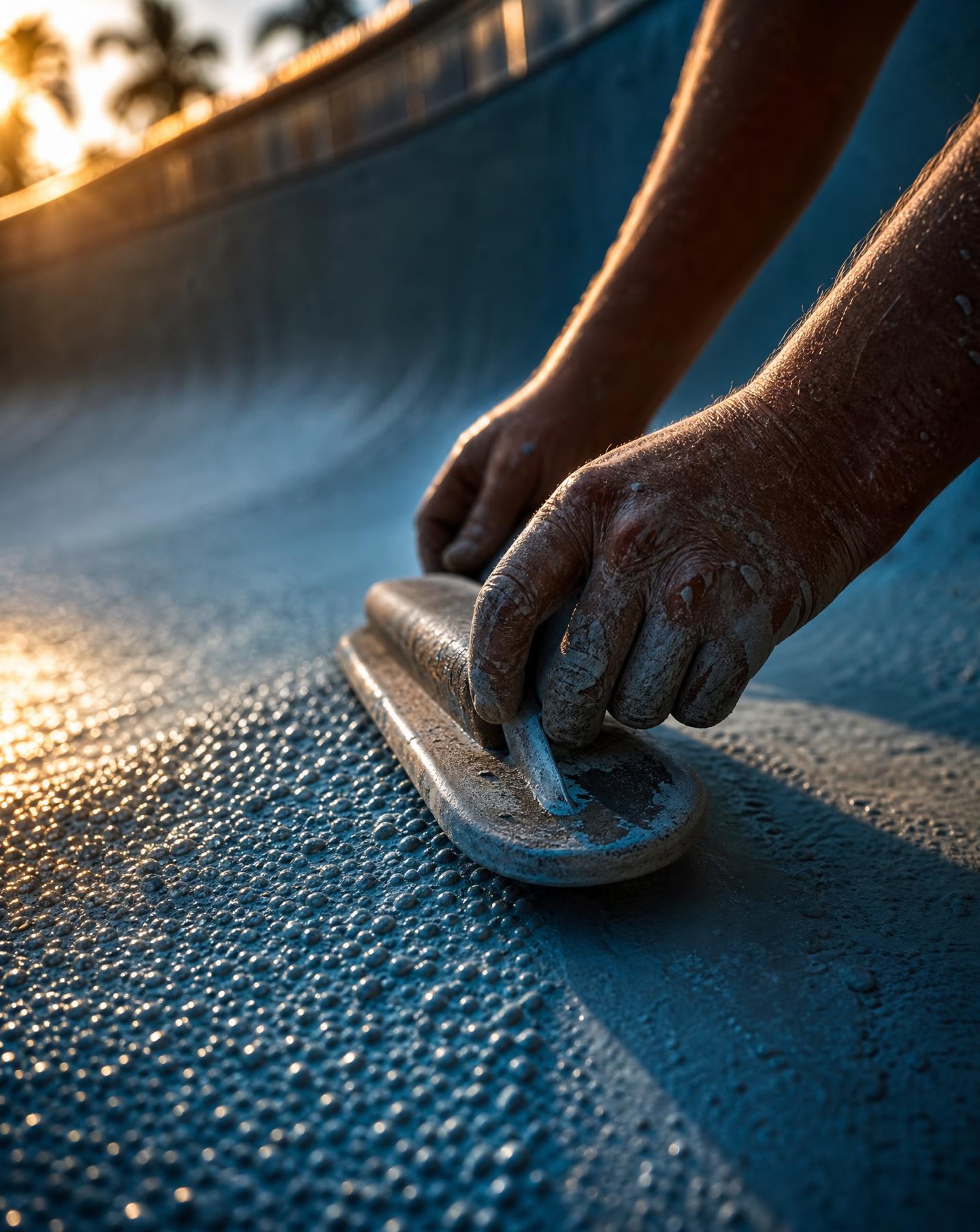 Close-up of a plasterer's hands smoothing fresh blue pool plaster with a steel trowel at sunset